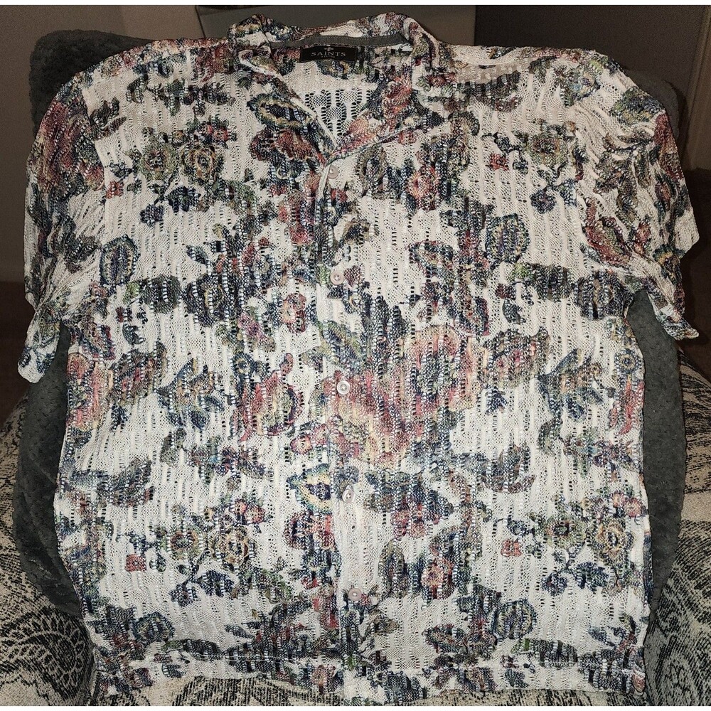 AllSaints Mens Floral Lace Crochet Short Sleeve Camp Shirt Cream Multi